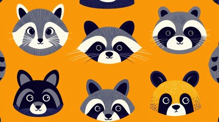 Fototapeta premium Colorful Pattern of Cartoon Raccoons and Pandas on Orange Background