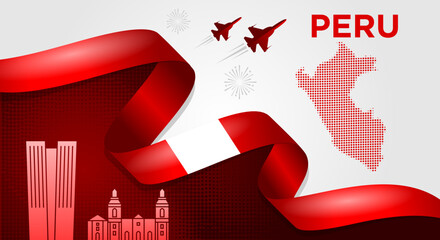 Peru Independence Day Banner with Flag Ribbon and Landmarks