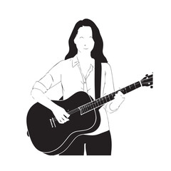 Black and white line art of a cool woman playing guitar in casual outfit minimalist stylish illustration
