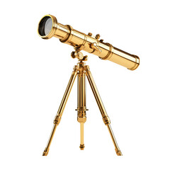 Antique brass telescope mounted on a tripod stand isolated on transparent background