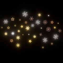 Sparkling gold stars and snowflakes on a black background. Perfect for Christmas, New Year, and winter holidays.