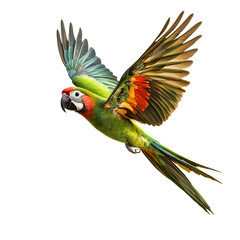 Vibrant green macaw parrot in mid flight with wings spread wide isolated on transparent background