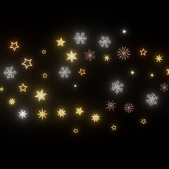 Sparkling gold stars and snowflakes on black. Perfect for Christmas, New Year, winter holidays.