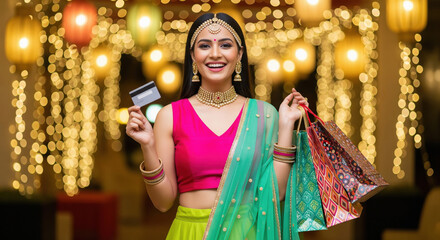 young indian woman holding credit card and shopping bags on diwali festival standing at home