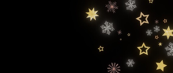 Elegant winter background with golden stars and snowflakes on black. Perfect for holiday cards, websites, and more.