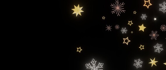 Elegant festive background with gold stars and snowflakes on black. Perfect for Christmas, New Year, winter holidays.
