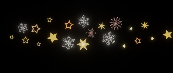 Beautiful winter design with golden stars and snowflakes on a black background. Perfect for Christmas, New Year, and winter holidays.