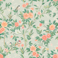 Chinoiserie garden with flower, bird seamless pattern for wallpaper.