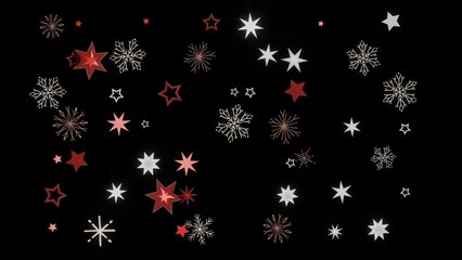 Festive holiday background with red and white stars and snowflakes on a black background. Perfect for Christmas, winter, or New Year's designs.