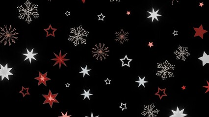 Festive holiday background with red and white stars and snowflakes on a black background. Perfect for Christmas or winter designs.