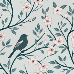Chinoiserie garden with flower, bird seamless pattern for wallpaper.