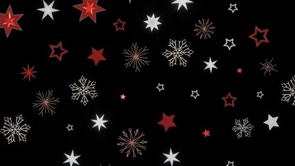 Festive winter pattern with red and white stars and snowflakes on a black background. Perfect for Christmas or holiday designs.