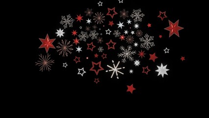 Festive holiday background with red and white stars and snowflakes on a black background. Perfect for Christmas or winter designs.