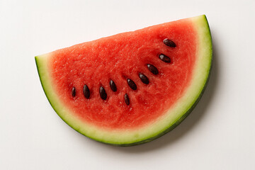 Juicy watermelon wedge isolated on a white background. Fresh red fruit with black seeds, minimal studio composition, perfect for summer, healthy eating, food design and advertising.