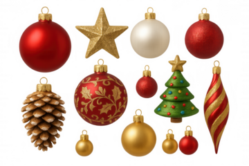Christmas ornaments collection featuring festive baubles, golden stars, pine cone, and small tree on transparent background