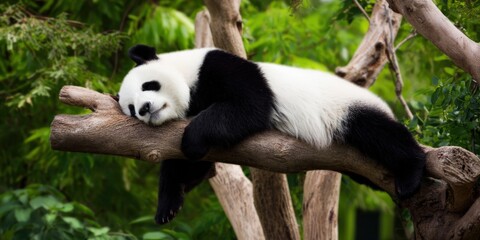 Obraz premium Giant panda resting peacefully on tree branch