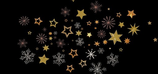 Beautiful image of gold stars and snowflakes on a black background, perfect for winter holidays.