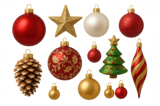 Christmas ornaments collection featuring festive baubles, golden stars, pine cone, and small tree on transparent background