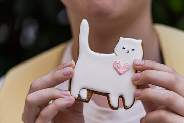 Close-up of a teenage boy holding a cat shaped cookie covered with icing