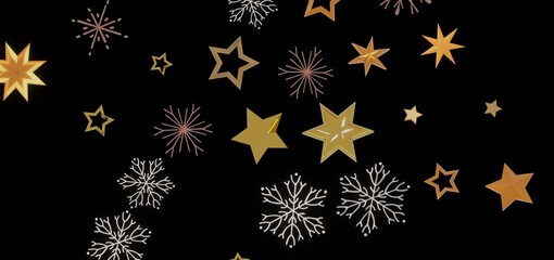 Elegant holiday design with gold stars and snowflakes on a black background. Perfect for Christmas, New Year, and winter themes.