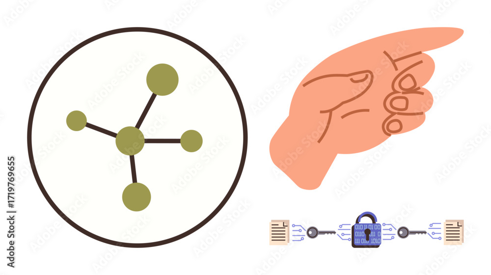 Poster network nodes connected in a circular graph, hand pointing direction, and a secure digital lock with