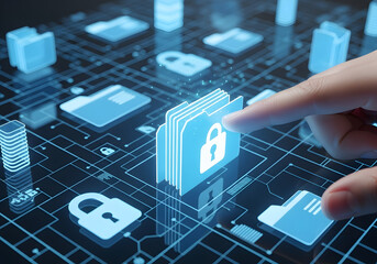 A finger pointing to a glowing folder icon with a lock symbol, representing data security and digital file protection