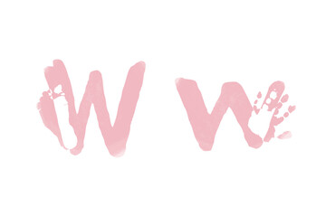 Newborn foot and hand prints. Family monogram, letter W on white background