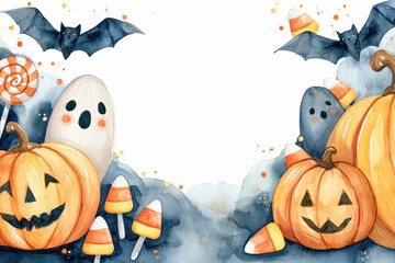 Watercolor illustration featuring Halloween pumpkins, ghosts, bats, and candy corn, creating a festive atmosphere with ample copy space for text