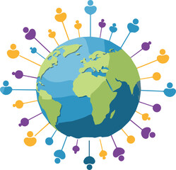 Connect with a global audience using this modern world map with diverse people icons, perfect for illustrating international collaboration and worldwide networks