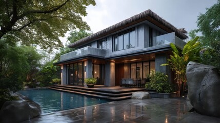 Fototapeta premium Modern residential building with wooden ceiling panels and stone cladding,
