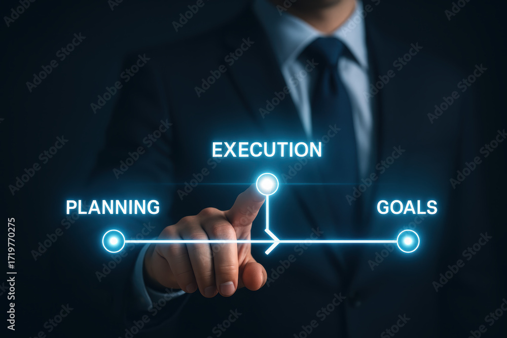 Poster planning execution and goal define business success with strategy to develop and achieve progress