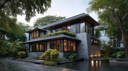 Fototapeta premium A modern house exterior at dusk showcases stone and wood materials, large glass windows,