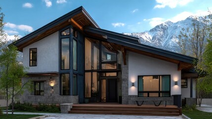 Fototapeta premium A modern two-story wooden house nestled in the mountains features expansive glass windows and a large front door.