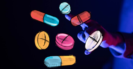 Abstract image of hand interacting with colorful pills and capsules.  Perfect for healthcare, medicine, pharmacy concepts.