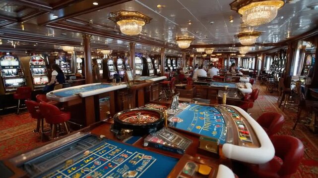 Casino Interior Scene: An inviting view of a casino floor, bathed in the soft glow of chandeliers and the excitement of the game, with roulette wheels, gaming tables.