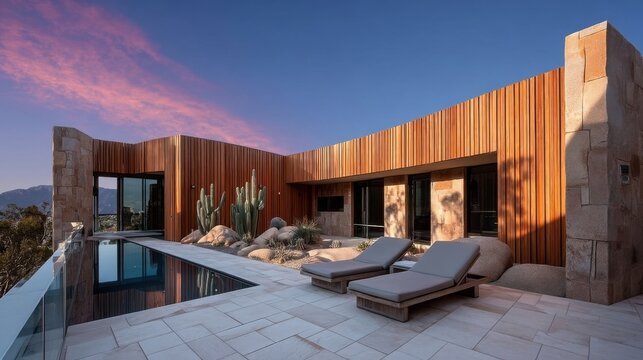 A luxurious contemporary home with large glass windows and wooden exterior cladding set against a clear blue sky during 