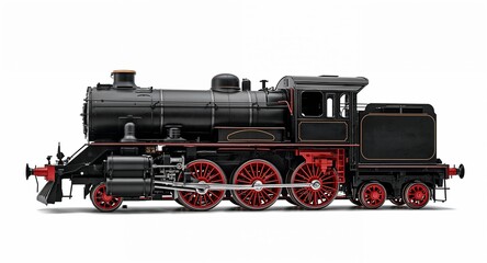 Obraz premium A steam locomotive train with large chimney steel wheels and classic body on plain white background