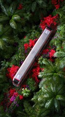Train moving through lush tropical plants