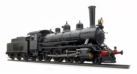 Fototapeta premium Classic steam locomotive with tall smokestack large wheels and front lantern detail on plain white background
