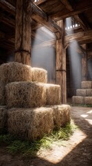 Hay bales stacked in wooden barn interior