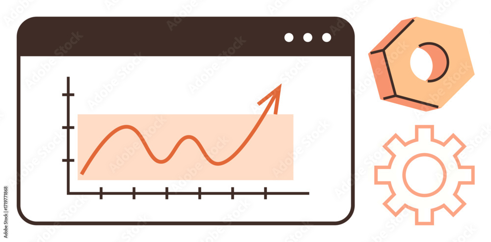 Aufkleber line graph showing upward growth trend in browser window alongside gear and hex nut, symbolizing dev