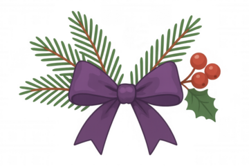 Festive purple bow with evergreen pine branches and red holly berries, celebrating traditional christmas holiday decor