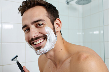 Handsome smiling man with shaving cream on his face looking at camera while holding razor in bathroom. Daily morning grooming routine, representing male self-care, hygiene, and smooth shave