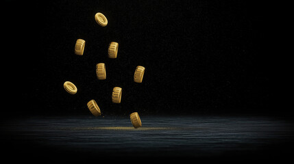 Golden Coins Falling in Dark Background with Dramatic Lighting