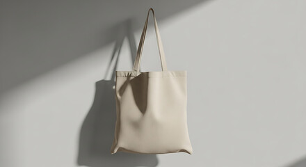 Minimalist Cream Tote Bag Hanging Artfully on a Simple Wall, Showcasing a Clean Design and Versatile Fashion Accessory for Everyday Style