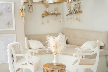 Beautiful Christmas tree in decorated living room. Festive interior