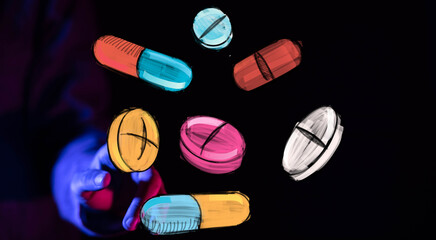 Abstract image of various colorful pills and capsules floating, representing medicine, health, and treatment.
