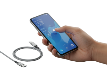 Sleek ultra high-end smartphone, metallic finish, vibrant display, held by well-manicured hand interacting with minimalist UI, on transparent seamless background. Modern tech elegance