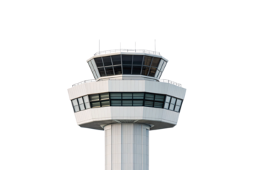 Modern white cylindrical air traffic control tower with glass windows and observation deck structure, isolated on a transparent background