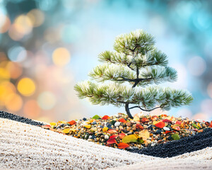Serene Landscape with Pine Tree and Colorful Pebbles in Sand